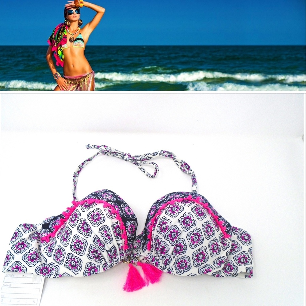 NWT! FLORAL POM POM TASSEL BIKINI TOP